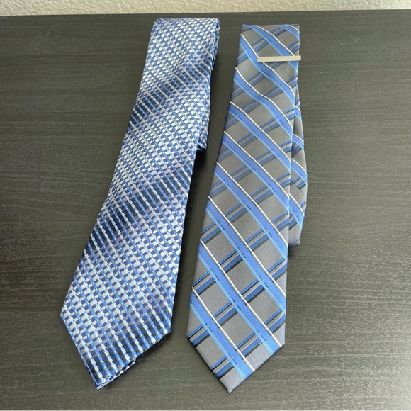 Set of 2 Neckties + Tie Clip | Blue + Gray/Silver | Apt 9 + Bespoke - Picture 2 of 9